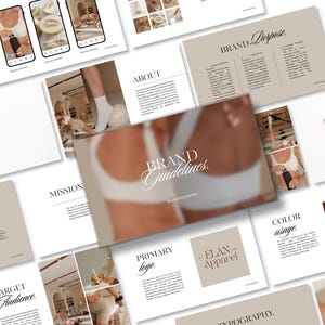 Könnte beinhalten: Eine Sammlung von Präsentationsfolien in einer neutralen Farbpalette. Die Folien enthalten Texte wie "BRAND Foundation", "BRAND Guidelines" und "FLAN Apparel". Bilder einer Wasserflasche, Handybildschirme und Lifestyle-Fotos sind ebenfalls enthalten.