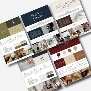 Op de afbeelding: Een verzameling design mockups met branding- en stijlgidsen. De lay-outs tonen logo's, kleurenpaletten en voorbeeldafbeeldingen voor bedrijven als Élan Apparel, Studio Solace en Maison Liora. De kleurenschema's omvatten olijfgroen, marineblauw en bordeauxrood.