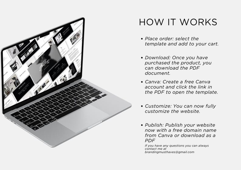 May include: A silver laptop displays a website template with black and white design elements. The text "HOW IT WORKS" is displayed, along with instructions for ordering, downloading, customizing, and publishing a website. The email brandingmusthaves@gmail.com is also displayed.