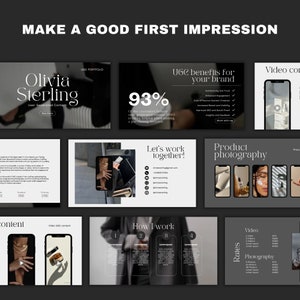 May include: A presentation slide deck with a black background and white text. The title slide reads "Make a Good First Impression". The following slides feature a woman's portrait, product photography, and a list of services offered. The text "93% of consumers believe user-generated content (UGC) is very helpful when making a purchasing decision" is featured on one slide.