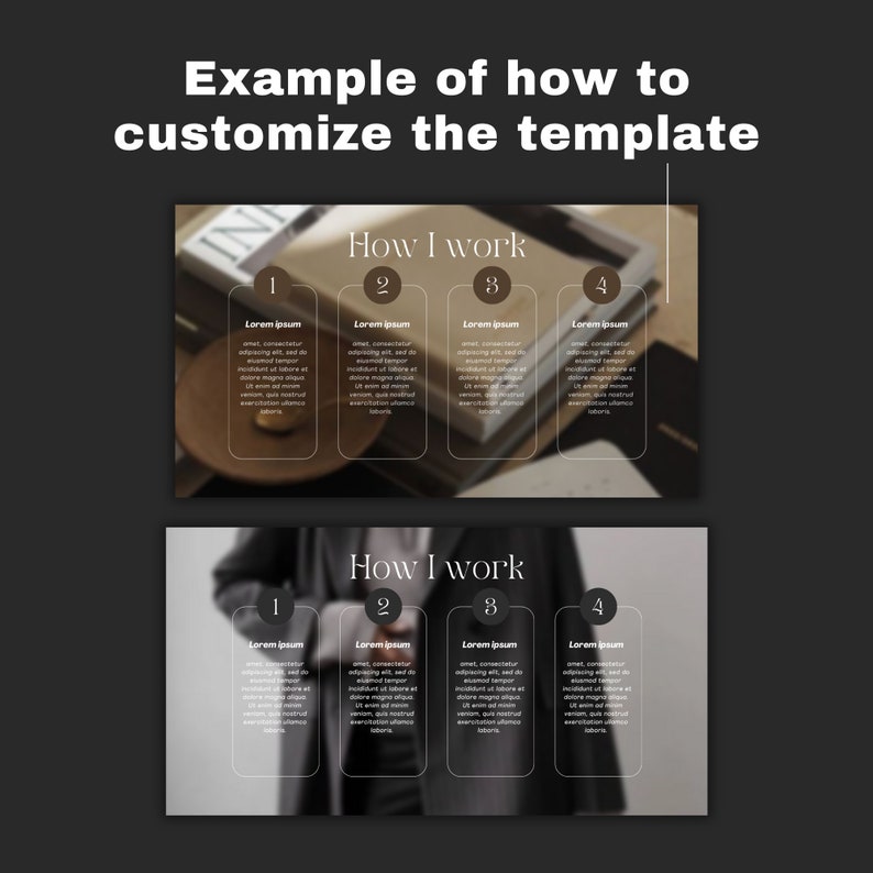 May include: A template for a presentation slide with the title "How I Work" and four numbered sections. The template is shown in two different styles, one with a blurred background of a book and the other with a blurred background of a person wearing a suit.