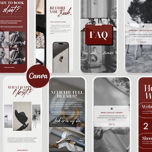 Op de afbeelding: Een verzameling mockups van mobiele telefoonschermen met een bordeauxrood en wit kleurenschema. De schermen tonen tekst zoals "Ready to Book a shoot?", "FAQ" en "How I Work". Het Canva-logo is ook zichtbaar.
