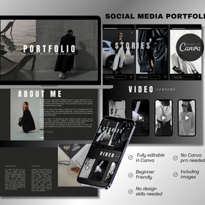 Può includere: Un modello di portfolio per i social media con uno schema di colori bianco e nero. Il modello include una pagina del titolo, una sezione "chi sono", una sezione missione e visione e una sezione di contenuti video. Il modello è completamente modificabile in Canva e include immagini.