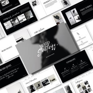 以下が含まれることがあります： モノクロデザインのプレゼンテーションスライドのコレクション。中央のスライドには、エレガントなスクリプトで「BRAND Strategy」という言葉が書かれています。他のスライドには「Photography Guidelines」や「Typography」などのテキストが含まれています。