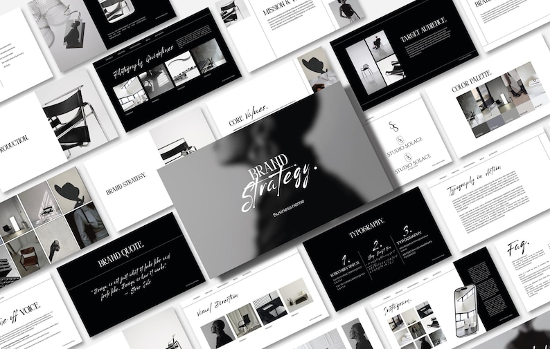 May include: A collection of presentation slides with a minimalist design in black and white. The central slide features the words "BRAND Strategy" in elegant script. Other slides include text like "Photography Guidelines" and "Typography".