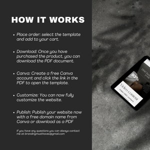 May include: A black and white graphic with the text "HOW IT WORKS" in large white letters. The text below explains how to use a Canva template to create a website. The text includes the following steps: Place order, Download, Canva, Customize, and Publish.