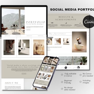 Puede incluir: Un portátil y un teléfono inteligente muestran un portafolio de sitio web para un administrador de redes sociales. El sitio web presenta un diseño minimalista con un fondo gris claro y texto negro. El sitio web incluye secciones para el portafolio, sobre el administrador de redes sociales y resultados y logros. El sitio web también incluye una cita sobre las redes sociales que son más sobre sociología y psicología que sobre tecnología. El sitio web está hecho con Canva.
