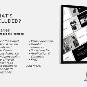 May include: A computer monitor displays a presentation with the text "WHAT'S INCLUDED?" and a list of topics such as "About the Brand," "Mission & Vision," and "Core Values." The presentation includes 31 pages with all images included.
