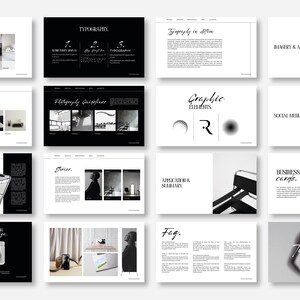 May include: A collection of design presentation slides in black and white. The slides cover topics like color palettes, typography, graphic elements, and business cards. The text "Thank You" is visible on one slide.