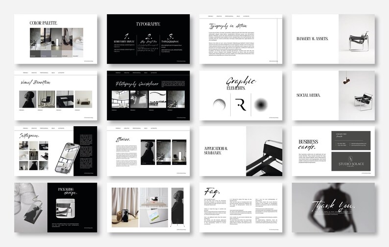 May include: A collection of design presentation slides in black and white. The slides cover topics like color palettes, typography, graphic elements, and business cards. The text "Thank You" is visible on one slide.
