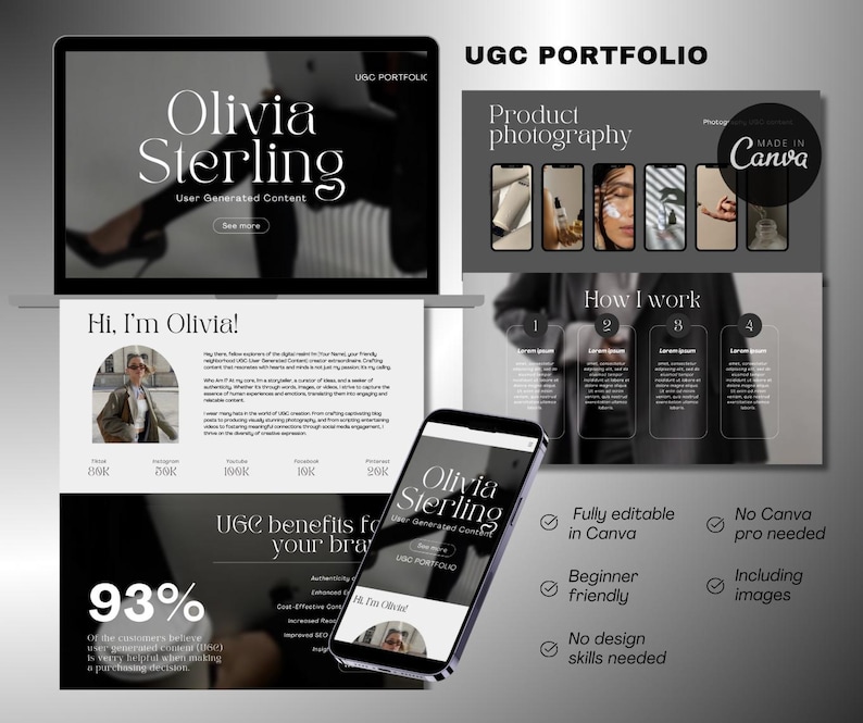 UGC Portfolio website template | Canva website | Content creator portfolio | Dark Colors | FREE Canva | Elegant UGC Portfolio website image 1