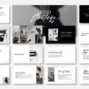 May include: A presentation with a black and white design. The title "Brand Strategy" is displayed in a handwritten font. The presentation includes slides with text and images, covering topics like "Table of Contents," "Introduction," and "Target Audience."