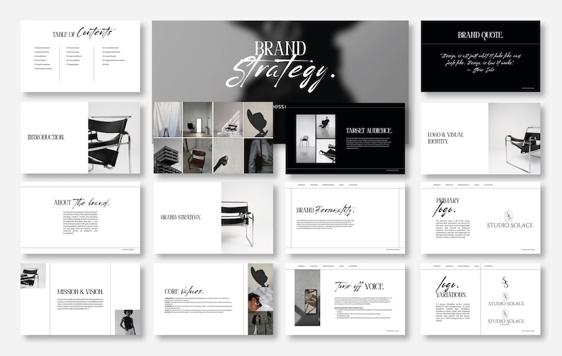 May include: A presentation with a black and white design. The title "Brand Strategy" is displayed in a handwritten font. The presentation includes slides with text and images, covering topics like "Table of Contents," "Introduction," and "Target Audience."