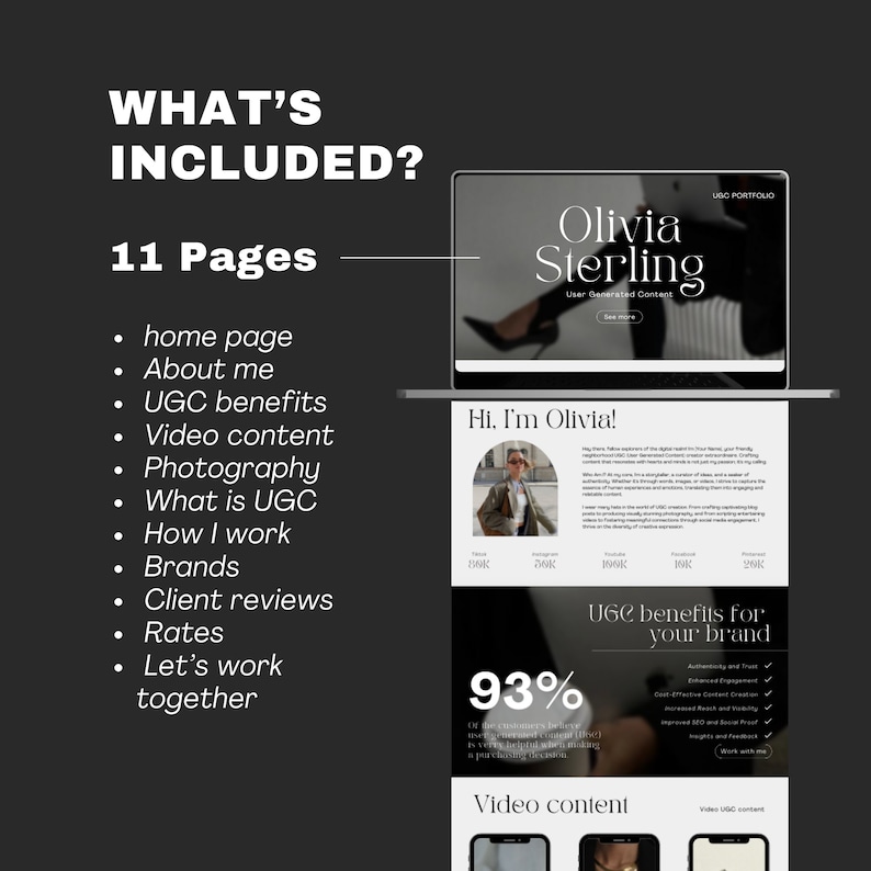 May include: A website mockup for a user-generated content creator. The website features a black and white color scheme with a photo of a woman in a black coat and a white hat. The text on the website includes "Olivia Sterling", "User Generated Content", "Hi, I'm Olivia!" and "UGC benefits for your brand".