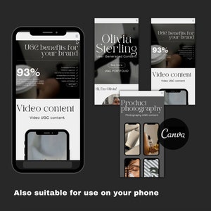 May include: A mockup of a mobile phone screen displaying a website with the text "UGC benefits for your brand" and "93%". The website also includes the text "Video content" and "Video UGC content". The website is designed to be used on a mobile phone.
