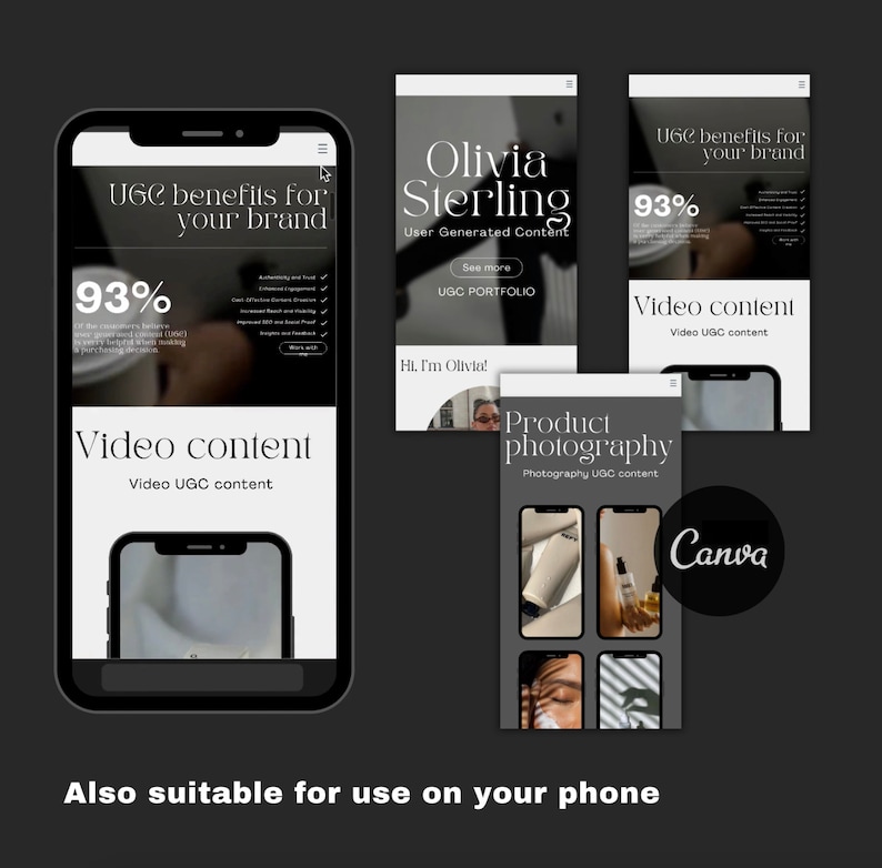 May include: A mockup of a mobile phone screen displaying a website with the text "UGC benefits for your brand" and "93%". The website also includes the text "Video content" and "Video UGC content". The website is designed to be used on a mobile phone.