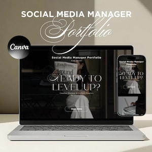 Puede incluir: Un portátil y un smartphone que muestran una cartera de gestor de redes sociales. Las pantallas del portátil y del teléfono muestran un sitio web con el texto "Ready to Level Up?" y "Social Media Manager Portfolio". Se ve un logotipo de Canva.