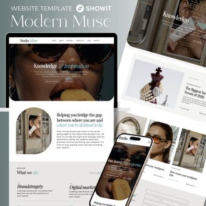 Könnte beinhalten: Eine Showit-Website-Vorlage mit dem Titel Modern Muse, die eine Desktop-Oberfläche mit einem Heldenbild einer Person mit Sonnenbrille, ein Mobiltelefon-Mockup mit derselben Website sowie verschiedene Blog- und Service-Seitenlayouts zeigt.