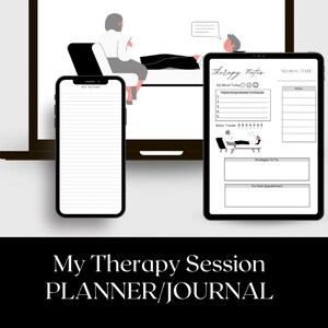 May include: A digital planner for therapy sessions with sections for mood tracking, topics to discuss, water intake, strategies to try, and next appointment details. The planner is displayed on a tablet screen with a cartoon illustration of a therapist and client.