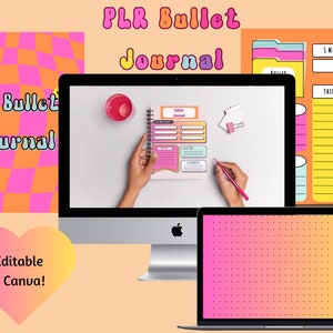 May include: A digital illustration of a pink and orange bullet journal with the text "My Bullet Journal" on the cover. The journal is displayed on a computer screen with a hand holding a pen and writing in the journal. The image also includes a pink and orange heart with the text "Editable in Canva!" and a pink and orange checkered pattern.