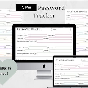 Może przedstawiać: Cyfrowy, drukowany tracker haseł z czarnym tłem i kolorowym tekstem. Tracker jest podzielony na sekcje dla haseł do pracy, banku, szkoły i haseł osobistych. Każda sekcja zawiera pola dla strony internetowej, nazwy użytkownika, hasła, pytania odzyskiwania i adresu e-mail.