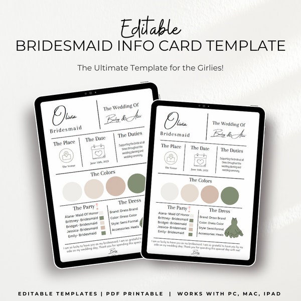 Bridesmaid Info Card Template | Wedding Card | Wedding Planner | Bridesmaid Planner | Bridal Party | Bridal Rehearsal | Event Planner