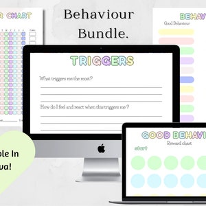 May include: A digital product bundle for behavior management. The bundle includes a behavior chart, a trigger worksheet, and a good behavior reward chart. The charts are designed with a pastel color scheme and feature the text "Behavior Chart", "Triggers", and "Good Behavior".