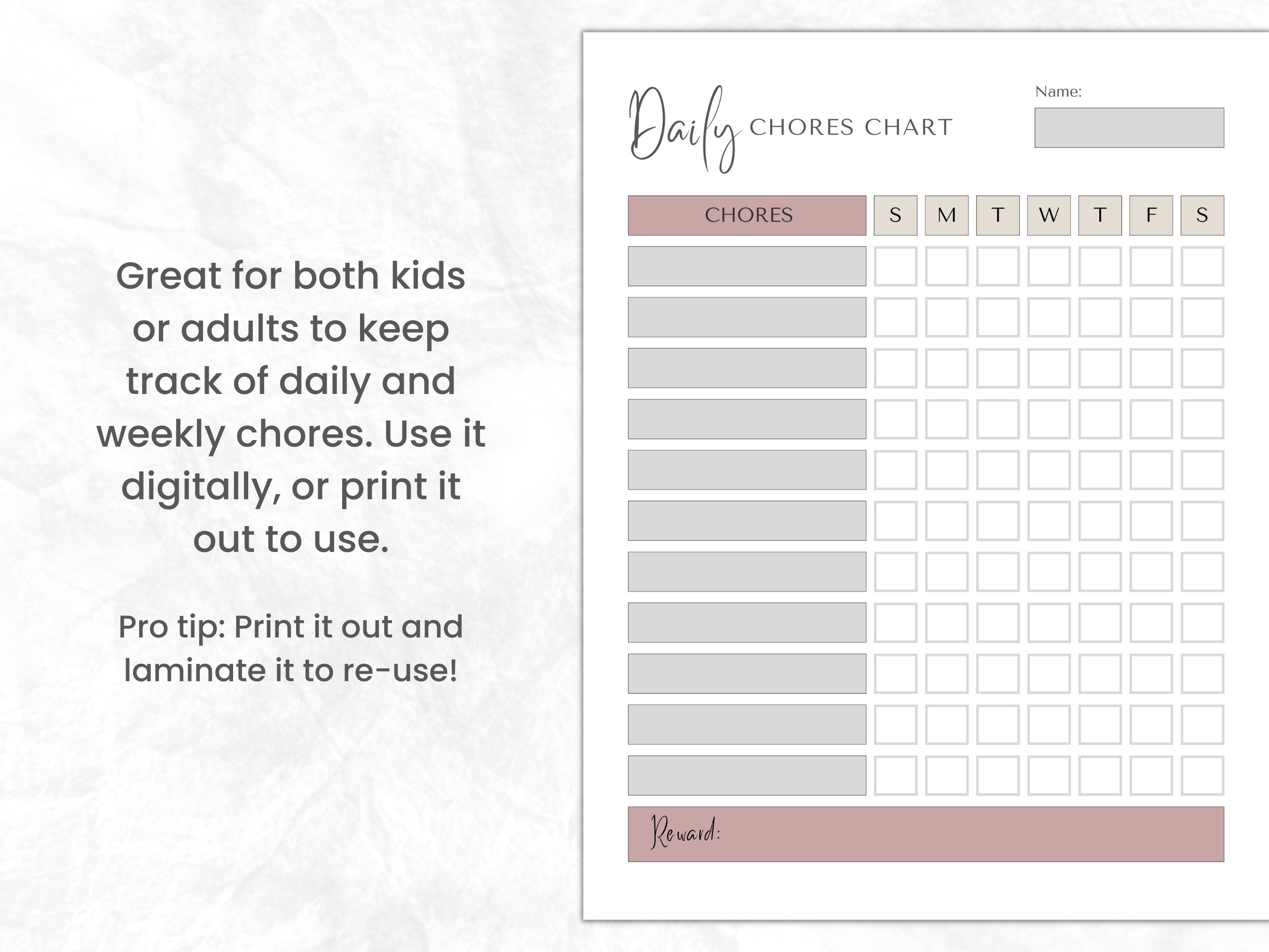 Daily and weekly chores chart for kids or adults printable or digital