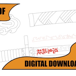 May include: A digital download of a line drawing of a katana sword with a decorative handle and a red inscription in Japanese characters. The inscription reads "炎龍魂", which translates to "Flame Dragon Soul".