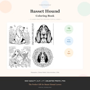 Puede incluir: Un libro para colorear de Basset Hound con cuatro ilustraciones detalladas de la raza. La portada presenta el texto "Basset Hound Coloring Book" y "15 Hand-Crafted Designs for All Ages." El libro mide 21,59 cm x 27,94 cm y está listo para imprimir. Incluye el texto "Instant Download".