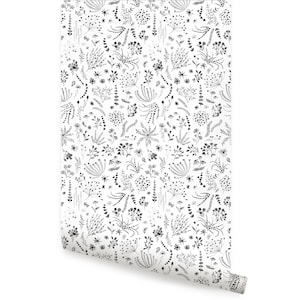 Plant Pattern Floral, Black & White, Wallpaper