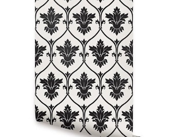 Black and White Damask Wallpaper - Peel and Stick or Traditional Unpasted