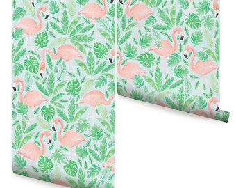 Coral Blue Tropical Flamingo Mural Wallpaper - Peel and Stick or Traditional Unpasted