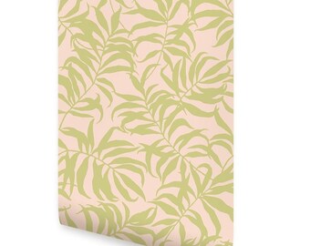 Pink Green Tropical Palm Leaves Solid Wallpaper - Peel and Stick or Traditional Unpasted