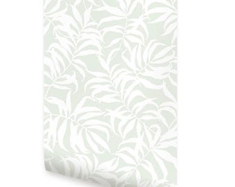 Sage Tropical Palm Leaves Solid Wallpaper - Peel and Stick or Traditional Unpasted