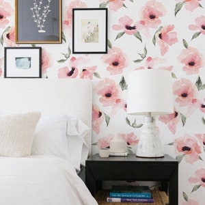 Floral Wallpaper Watercolor Poppy Flowers Pink, Wallpaper