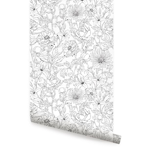 Botanischer Garten Handgezeichnete Blumen, Schwarz, Tapete