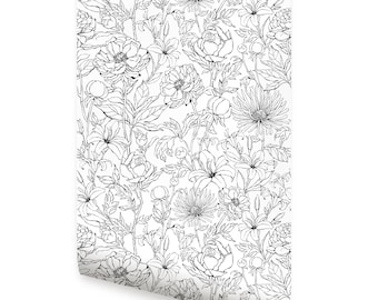 Papier peint jardin botanique noir et blanc fleurs dessinées à la main - papier peint autocollant ou traditionnel sans colle