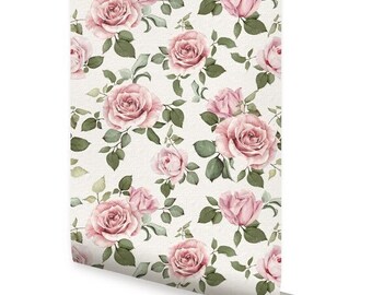 May include: A seamless pattern featuring pink roses and green leaves on a white background. The roses are watercolour painted and have a vintage aesthetic.