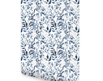 Indigo Watercolor Foliage Wallpaper - Peel and Stick or Traditional Unpasted
