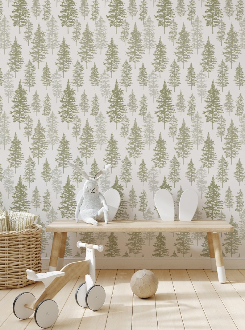 Illustrated Evergreen Forest, Sage Green, Self Adhesive Fabric