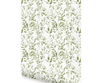 Green Watercolor Foliage Wallpaper - Peel and Stick or Traditional Unpasted