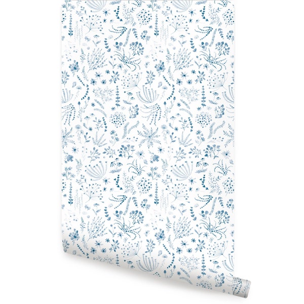 Motif végétal floral, bleu, papier peint repositionnable en tissu auto-adhésif