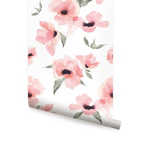 Floral Wallpaper Watercolor Poppy Flowers Pink, Wallpaper