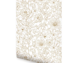 Gold Botanical Garden Hand Drawn Flowers Wallpaper - Peel and Stick or Traditional Unpasted