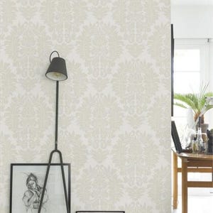 Beige on White Classic Damask Wallpaper - Peel and Stick or Traditional Unpasted image 3