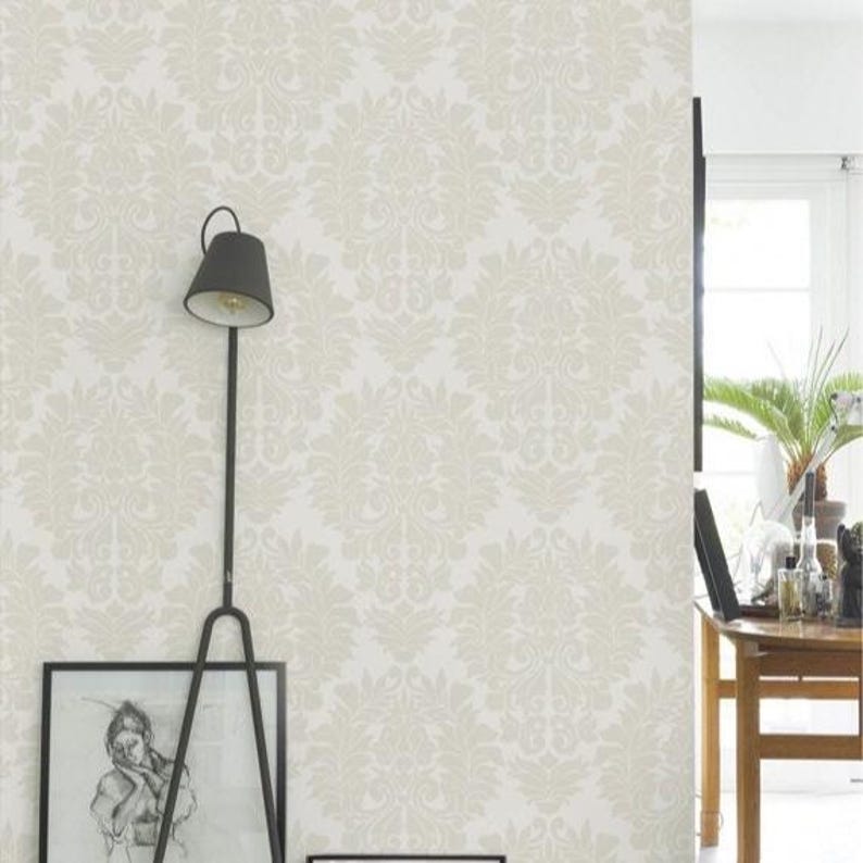 Beige on White Classic Damask Wallpaper - Peel and Stick or Traditional Unpasted image 3