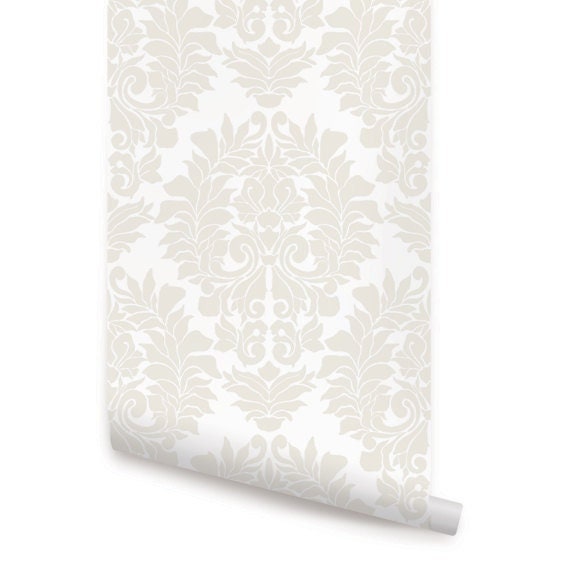 Beige on White Classic Damask Wallpaper - Peel and Stick or Traditional Unpasted