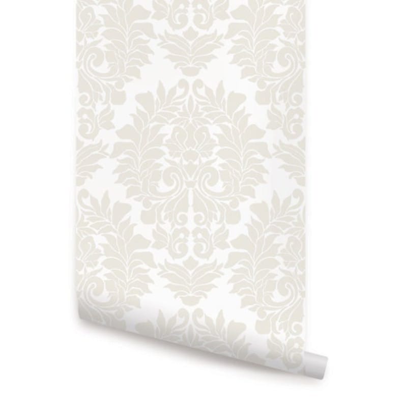 Beige on White Classic Damask Wallpaper - Peel and Stick or Traditional Unpasted image 1