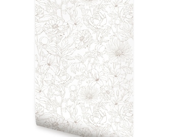 Grey Botanical Garden Hand Drawn Flowers Wallpaper - Peel and Stick or Traditional Unpasted